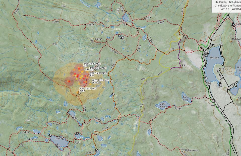 The Pete's Lake Fire is burning in the Three Sisters Wilderness west of Elk and Hosmer lakes.