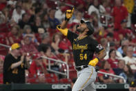 Pittsburgh Pirates' Joshua Palacios rounds the bases after hitting a two-run home run during the ninth inning of a baseball game against the St. Louis Cardinals Saturday, Sept. 2, 2023, in St. Louis. (AP Photo/Jeff Roberson)