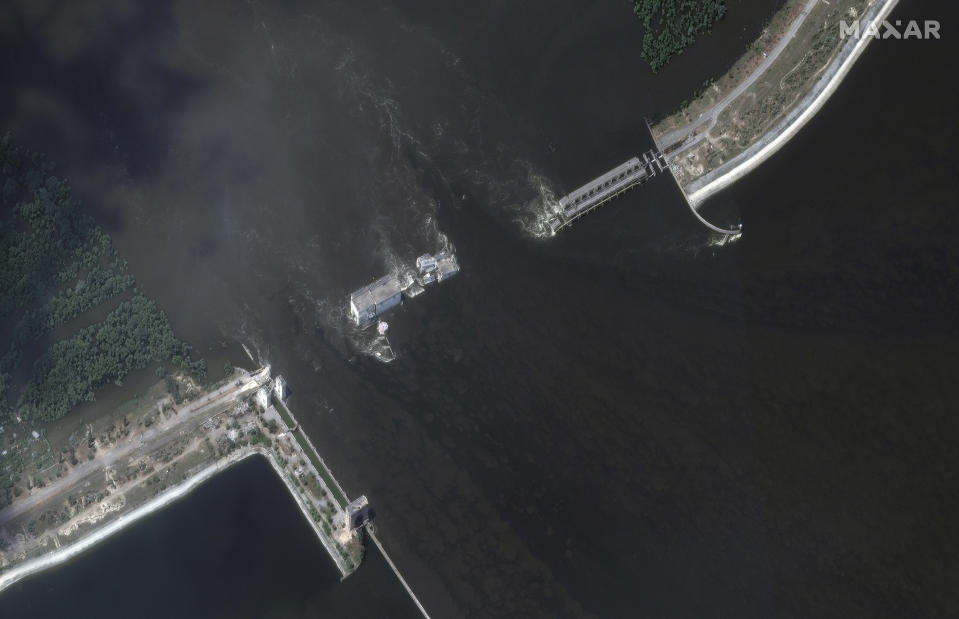 This image provided by Maxar Technologies, shows Kakhovka dam and station in Ukraine after collapse, on June 7, 2023. (Satellite image ©2023 Maxar Technologies via AP)