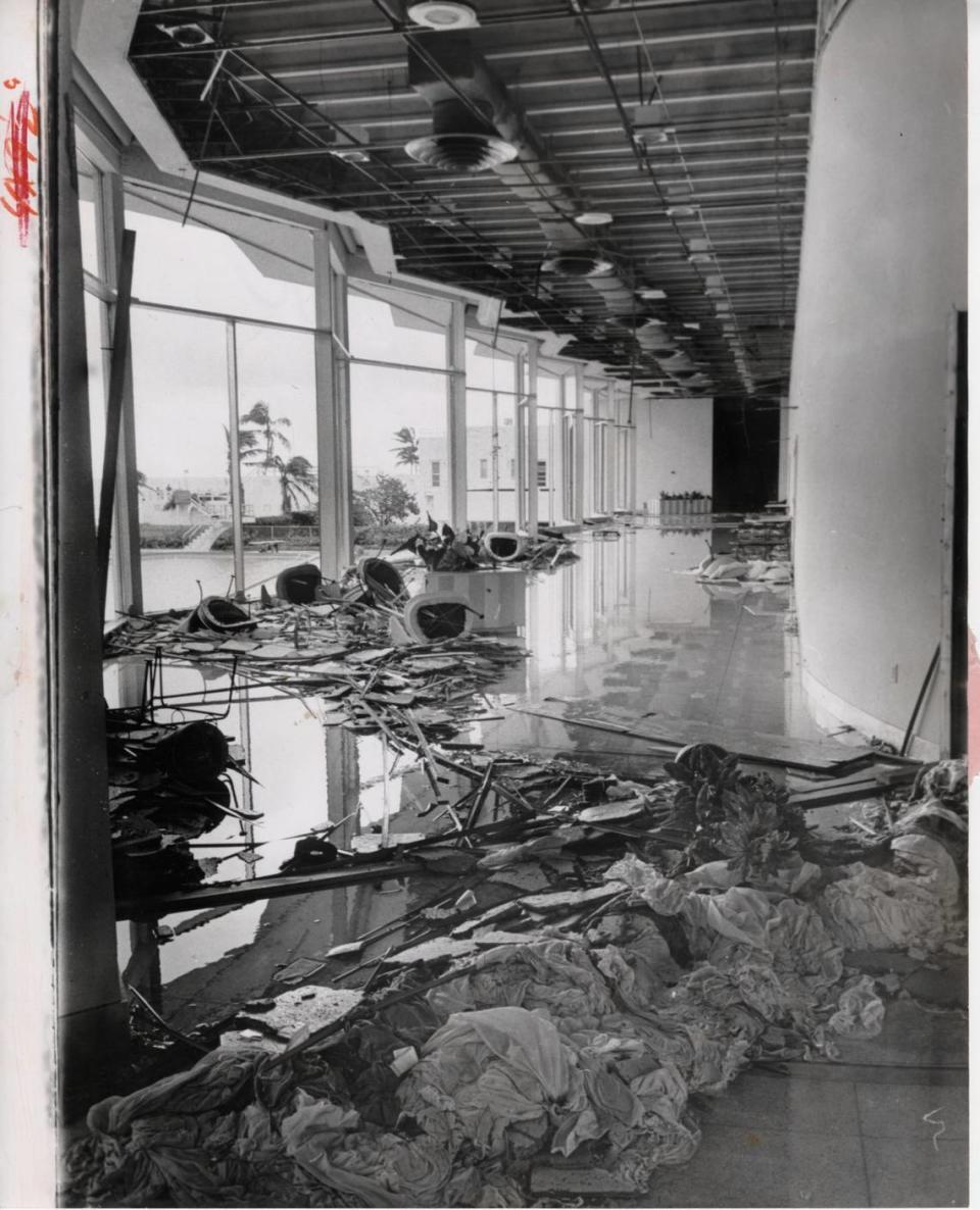 Published 8/28/1964: Ray Fisher/Miami Herald Staff -- The lobby of the plush Deauville Hotel on Miami Beach was a shambles on Thursday morning, a few hours after the eye of Hurricane Cleo had passed.