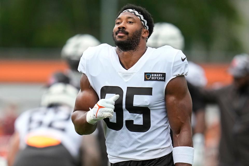 Cleveland Browns' Myles Garrett during training football camp Aug. 7 in Berea.