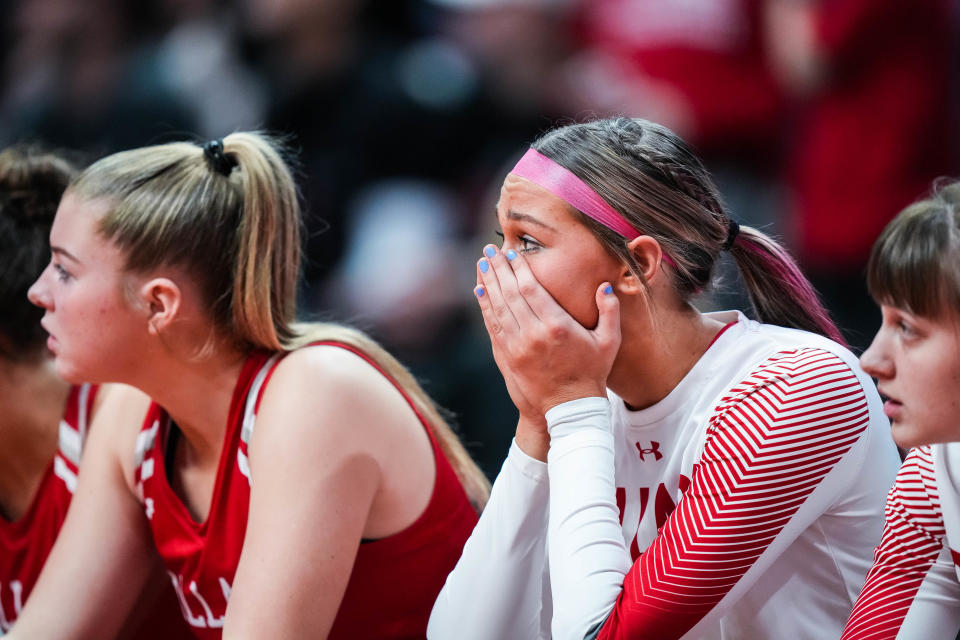 Ballard forward Kasey Larson (15) reacts to the last few seconds of the class 4A semifinals of the Iowa high school girls state basketball tournament at Wells Fargo Arena on Thursday, March 2, 2023. The Mustangs defeated the Boomers, 33-32.