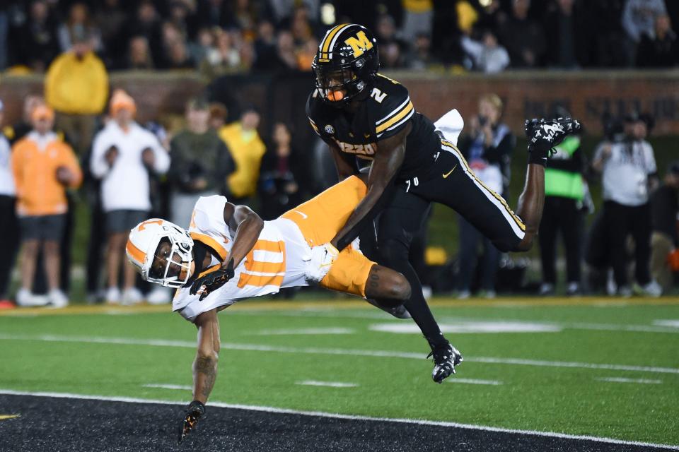 The ball is thrown past Tennessee wide receiver <a class="link " href="https://sports.yahoo.com/ncaaf/players/334138" data-i13n="sec:content-canvas;subsec:anchor_text;elm:context_link" data-ylk="slk:Squirrel White;sec:content-canvas;subsec:anchor_text;elm:context_link;itc:0">Squirrel White</a> (10) while covered by Missouri defensive back Ennis Rakestraw, Jr. (2) during an NCAA college football game on Saturday, November 11, 2023 in Columbia, MO.