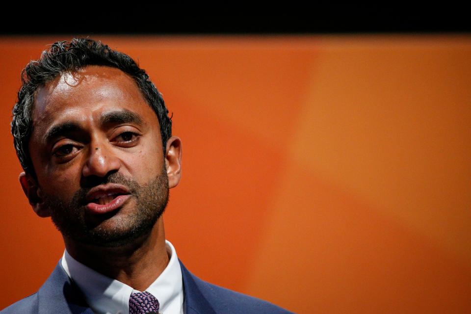 Chamath Palihapitiya, Founder and CEO of Social Capital, presents during the 2018 Sohn Investment Conference in New York City, U.S., April 23, 2018. REUTERS/Brendan McDermid