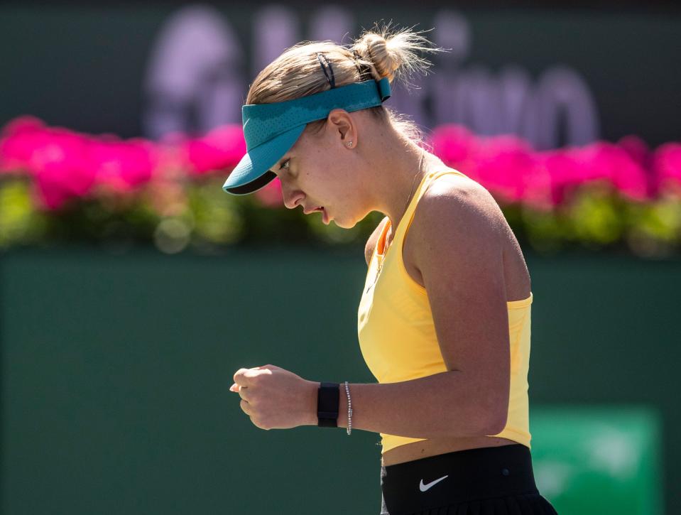 Anastasia Potapova of Russia celebrates a point against Jessica Pegula of the United States during their round three match at the BNP Paribas Open at the Indian Wells Tennis Garden in Indian Wells, Calif., Sunday, March 12, 2023. 