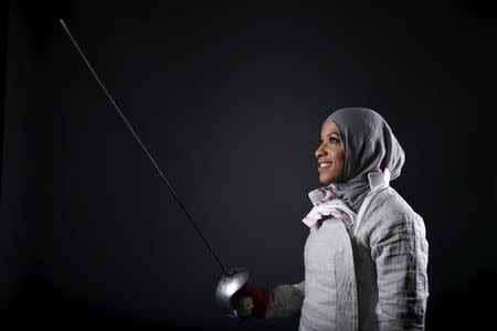 U.S. Olympic team fencer Ibtihaj Muhammad poses for a portrait at the U.S. Olympic Committee Media Summit in Beverly Hills, Los Angeles, California, March 9, 2016. REUTERS/Lucy Nicholson