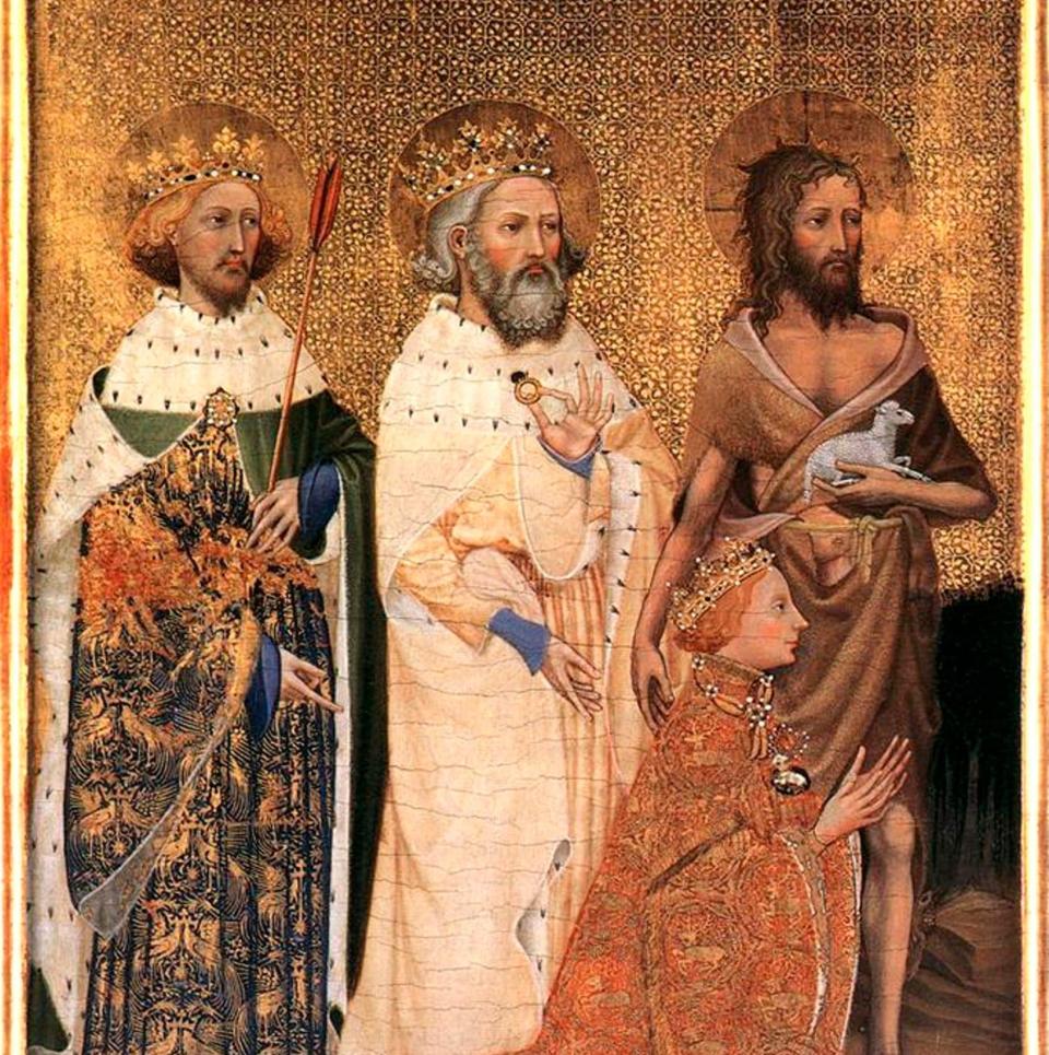 Richard II of England (kneeling) with his patron saints, from the Wilton Diptych (1395-9)