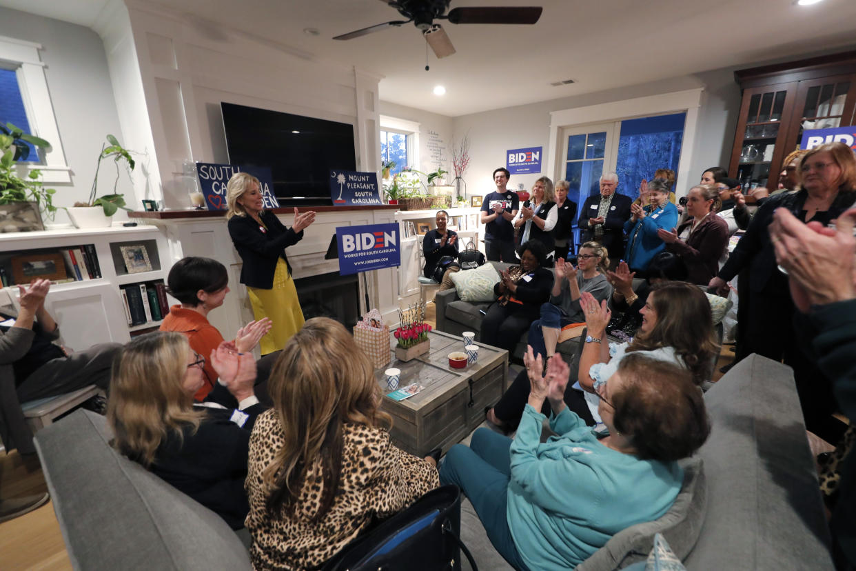Jill Biden, wife of Democratic presidential candidate and former Vice President Joe Biden, speaks at a campaign event at the home of state senate candidate Richard Hricik in Mt. Pleasant, S.C. on Feb. 17, 2020. (Gerald Herbert/AP)
