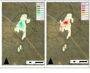 Surface projection of the Beskauga deposit showing the gold and the copper cut-offs. Also shown is the outline of the Lerch-Grossman conceptual pit.