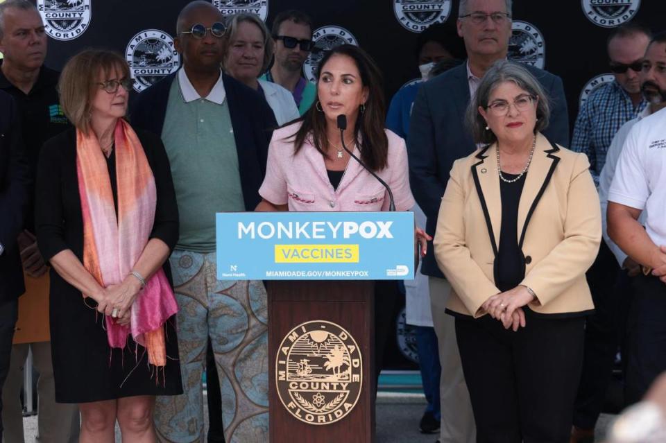 Dr. Lilian Abbo, an infectious disease specialist at Jackson Health System, discusses the importance of getting vaccinated for monkeypox if you have come in close contact with an infected person. Miami-Dade Mayor Daniella Levine Cava, right, convened the press conference Wednesday to announce the county would open two monkeypox vaccine sites, at Tropical Park and in Miami Beach, on Friday, Aug. 12.