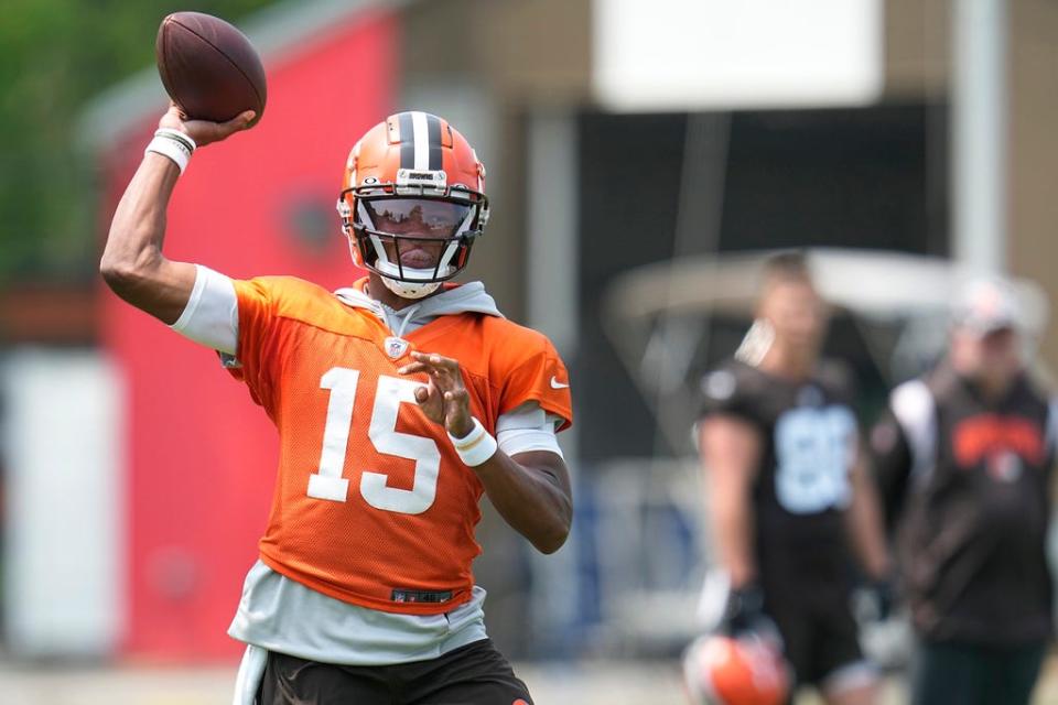 Cleveland Browns quarterback Joshua Dobbs throws during practice May 24 in Berea.