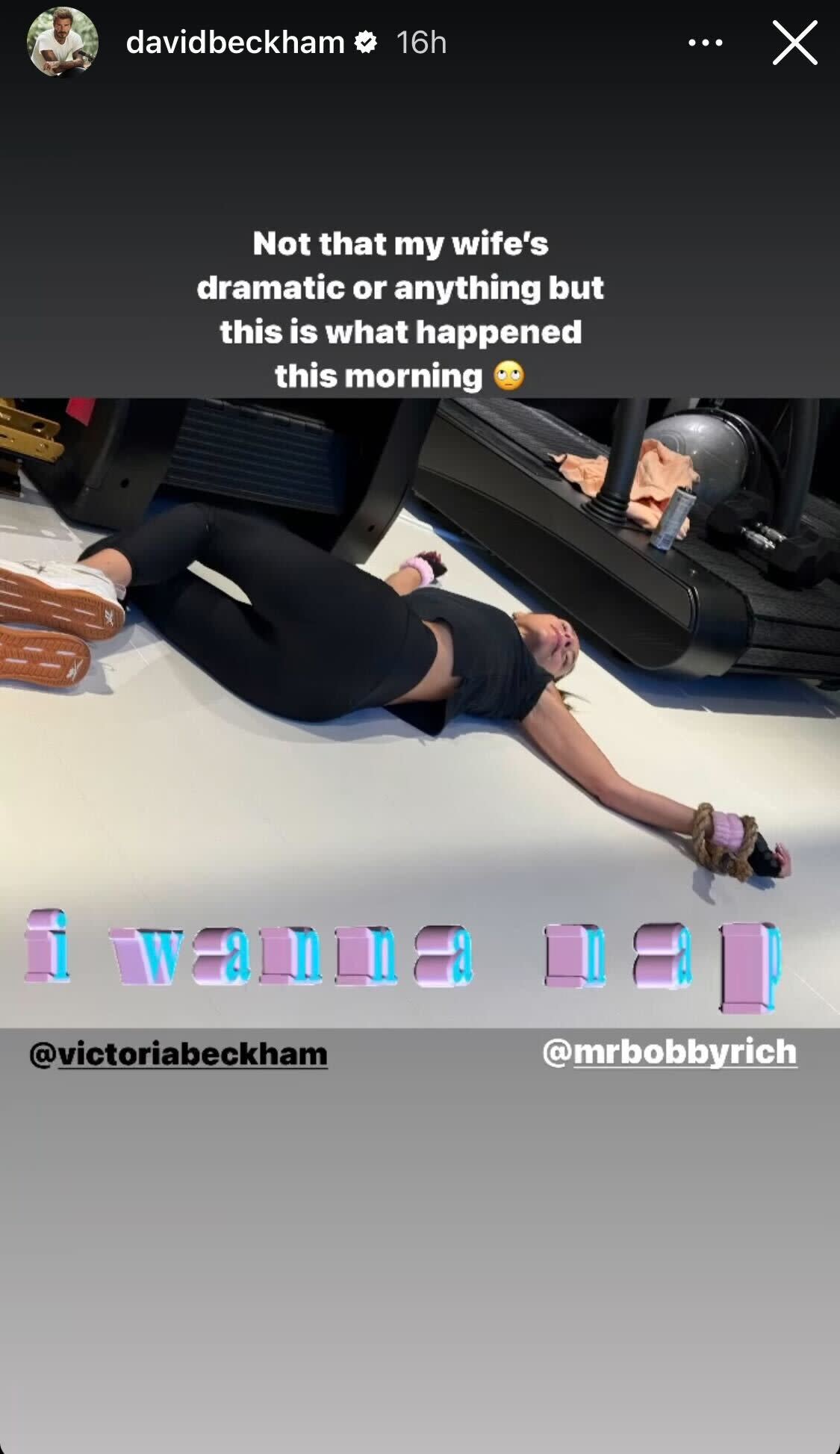 Victoria Beckham fell to the floor exhausted after a workout, according to a post by David Beckham. (Instagram/David Beckham)