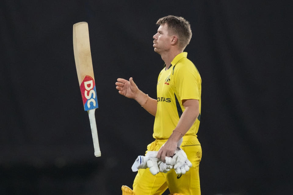 Australia's David Warner reacts after being dismissed during the fourth one-day international cricket match between Australia and Sri Lanka in Colombo, Sri Lanka, Tuesday, June 21, 2022. (AP Photo/Eranga Jayawardena)