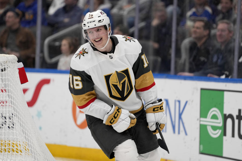 Vegas Golden Knights' Pavel Dorofeyev smiles after scoring during the third period of an NHL hockey game against the St. Louis Blues Sunday, March 12, 2023, in St. Louis. (AP Photo/Jeff Roberson)