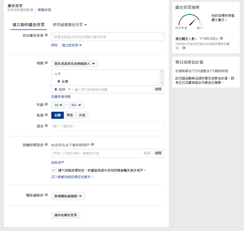 Facebook廣告受眾版面