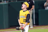 Nolensville, Tenn. starting pitcher Drew Chadwick celebrates after striking out the final Pearland, Texas, batter during a baseball game at the Little League World Series tournament in South Williamsport, Pa., Thursday, Aug. 25, 2022. (AP Photo/Tom E. Puskar)