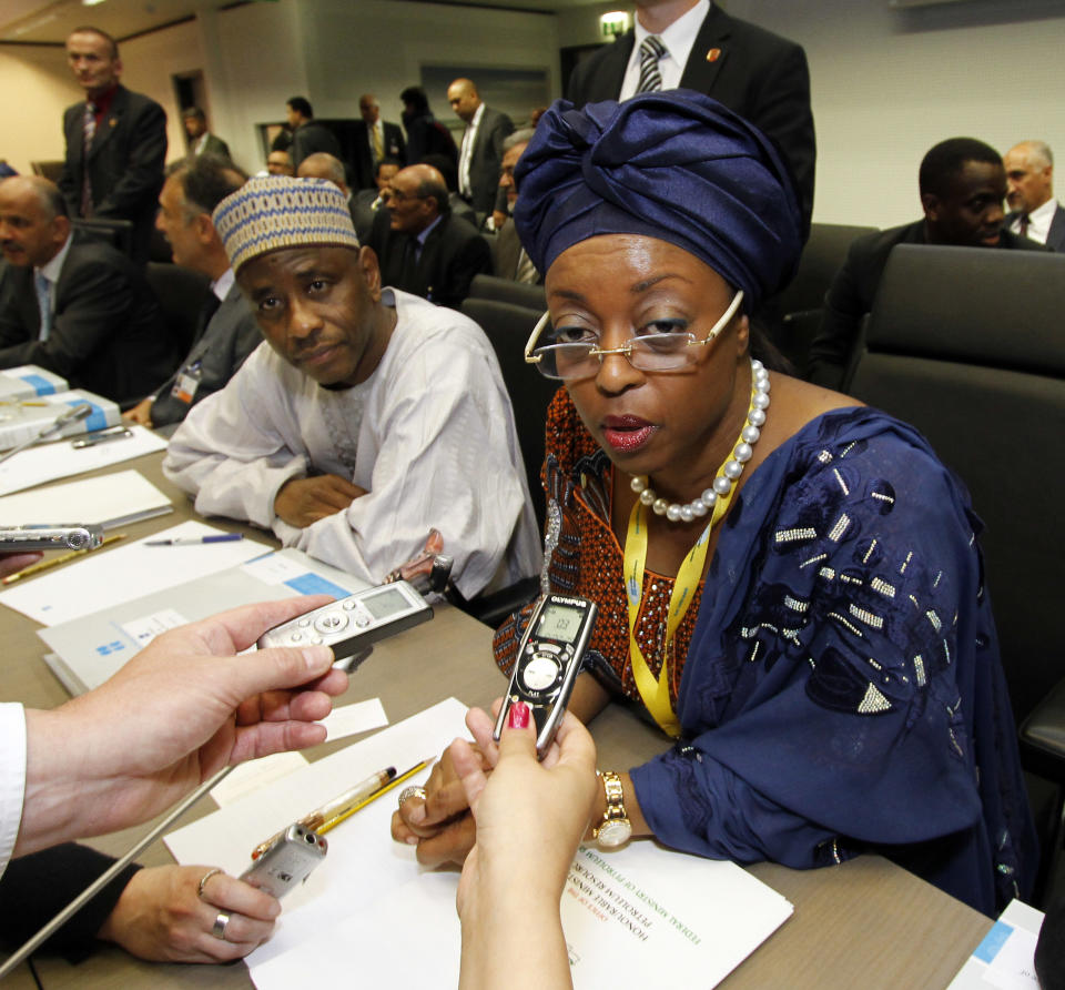 Nigeria's Minister of Petroleum Resources Diezani Alison-Madueke, right, speaks to journalists prior to the start of the meeting of the Organization of the Petroleum Exporting Countries, OPEC, at their headquarters in Vienna, Austria, on Thursday, June 14, 2012. The meeting of the 12 oil ministers of the OPEC focuses on price and production targets. (AP Photo/Ronald Zak)