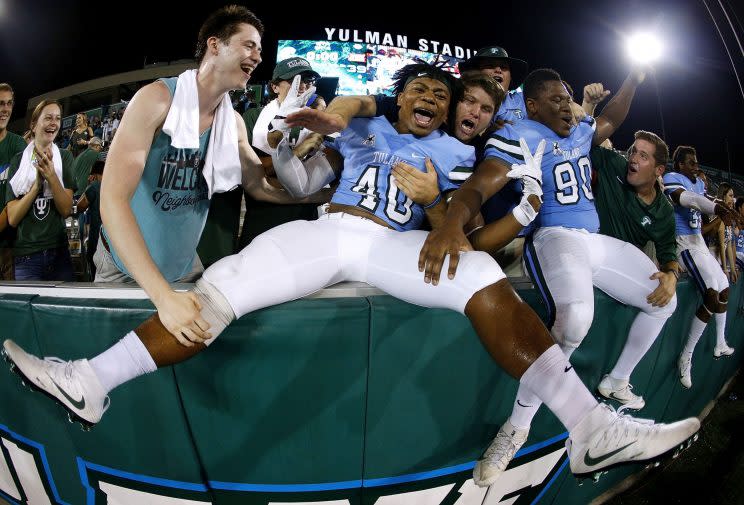 Tulane players are excited for the new Green Wave beer. Or maybe it was the win over ULL in 2016. (Getty)