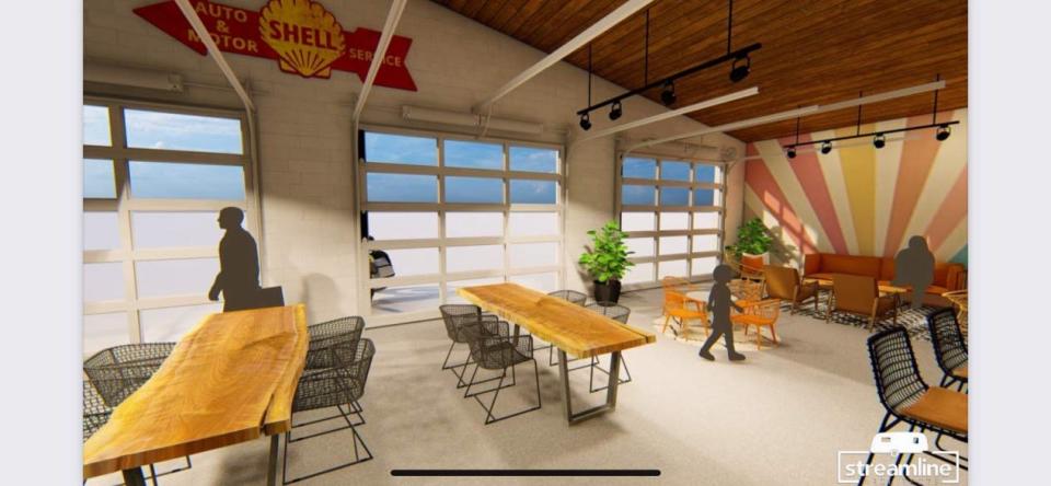 A rendering of the interior of the future Orange Cup SideHustle, 2701 E. Main St. in Galesburg. The mid-century former Shell gas station has vaulted ceilings and large beams.