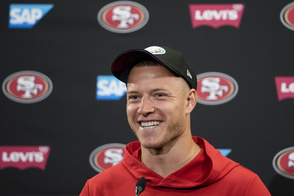 San Francisco 49ers running back Christian McCaffrey speaks to reporters after an NFL football game against the Arizona Cardinals on Sunday, Oct. 1, 2023, in Santa Clara, Calif. (AP Photo/Godofredo A. Vásquez)