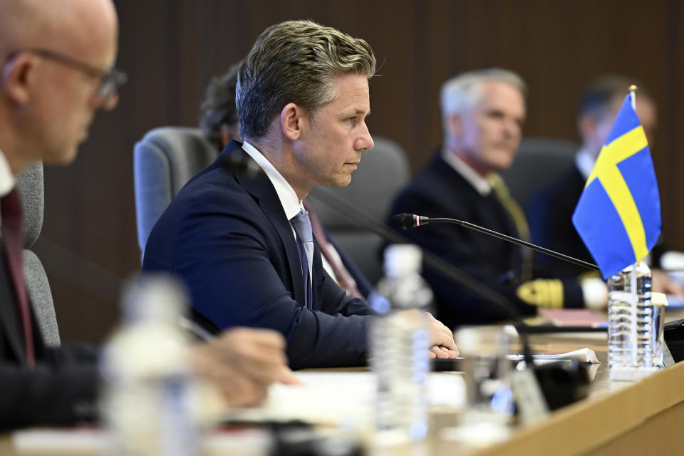 Sweden's Defense Minister Pal Jonson, second left, attends the bilateral talk with Japanese Defense Minister Yasukazu Hamada, not in photo, at the Defense Ministry Wednesday, June 7, 2023, in Tokyo, Japan. (David Mareuil/Pool Photo via AP)