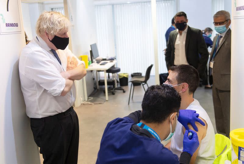 British Prime Minister Boris Johnson visits COVID-19 vaccination centre in Milton Keynes