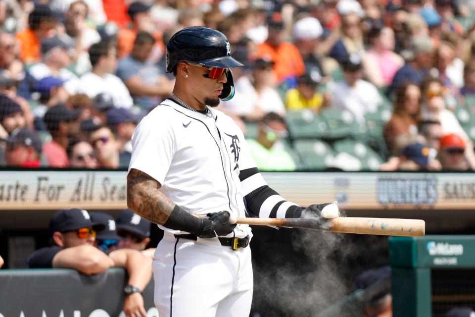 Detroit Tigers shortstop Javier Báez warms up prior to an at bat during the game against the Minnesota Twins at Comerica Park on April 14, 2024, in Detroit, Michigan.