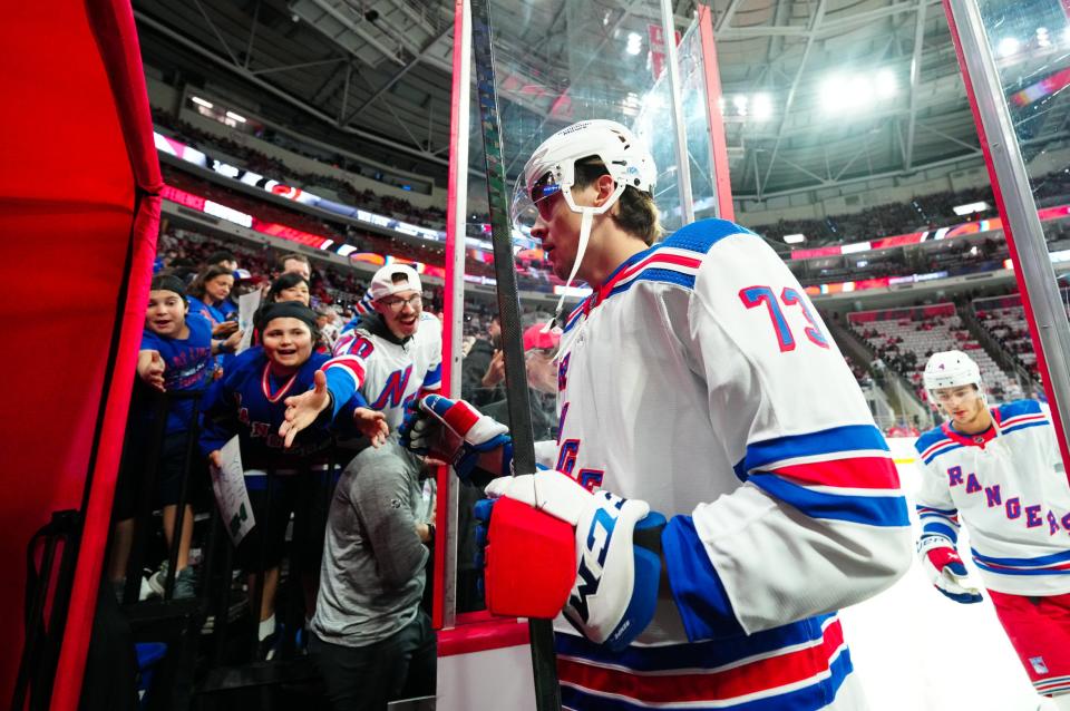 May 11, 2024; Raleigh, North Carolina, USA; New York Rangers center Matt Rempe (73) comes off the ice after the warmups before game four against the Carolina Hurricanes in the second round of the 2024 Stanley Cup Playoffs in at PNC Arena.