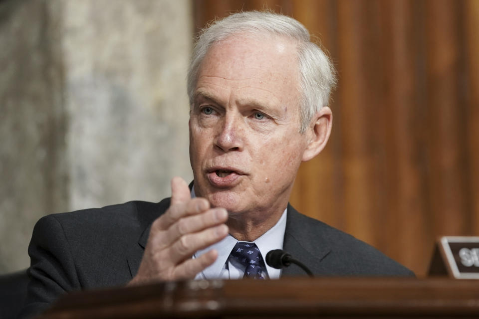 FILE - Sen. Ron Johnson, R-Wis., speaks at the U.S. Capitol in Washington in this March 3, 2021 file photo. Wisconsin Republicans are working to discredit the bipartisan system they created to run elections in the state after President Joe Biden narrowly won last year's presidential race, making the political battleground state the latest front in the national push by the GOP to exert more control over elections. (Greg Nash/Pool via AP, File)