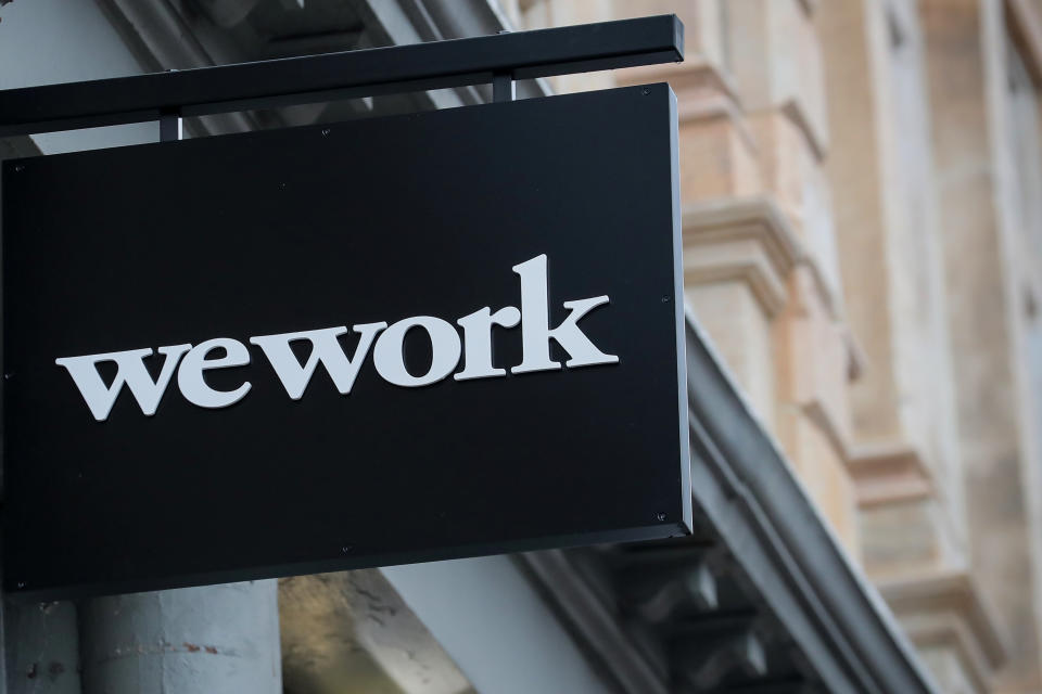 The WeWork logo is displayed outside of a co-working space in New York City, New York U.S., January 8, 2019. REUTERS/Brendan McDermid