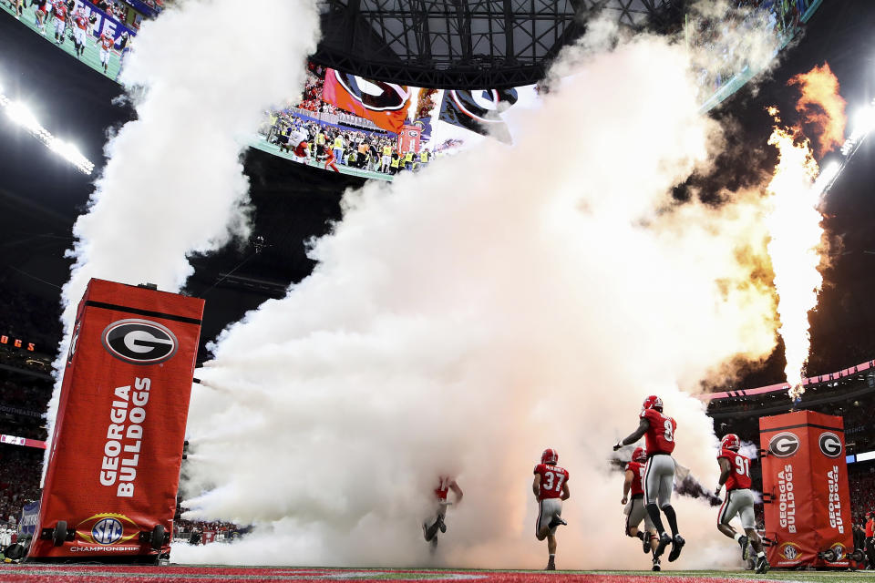 Georgia takes the field for an NCAA college football game against Alabama for the Southeastern Conference championship Saturday, Dec. 1, 2018, in Atlanta. (AJ Reynolds/Athens Banner-Herald via AP)