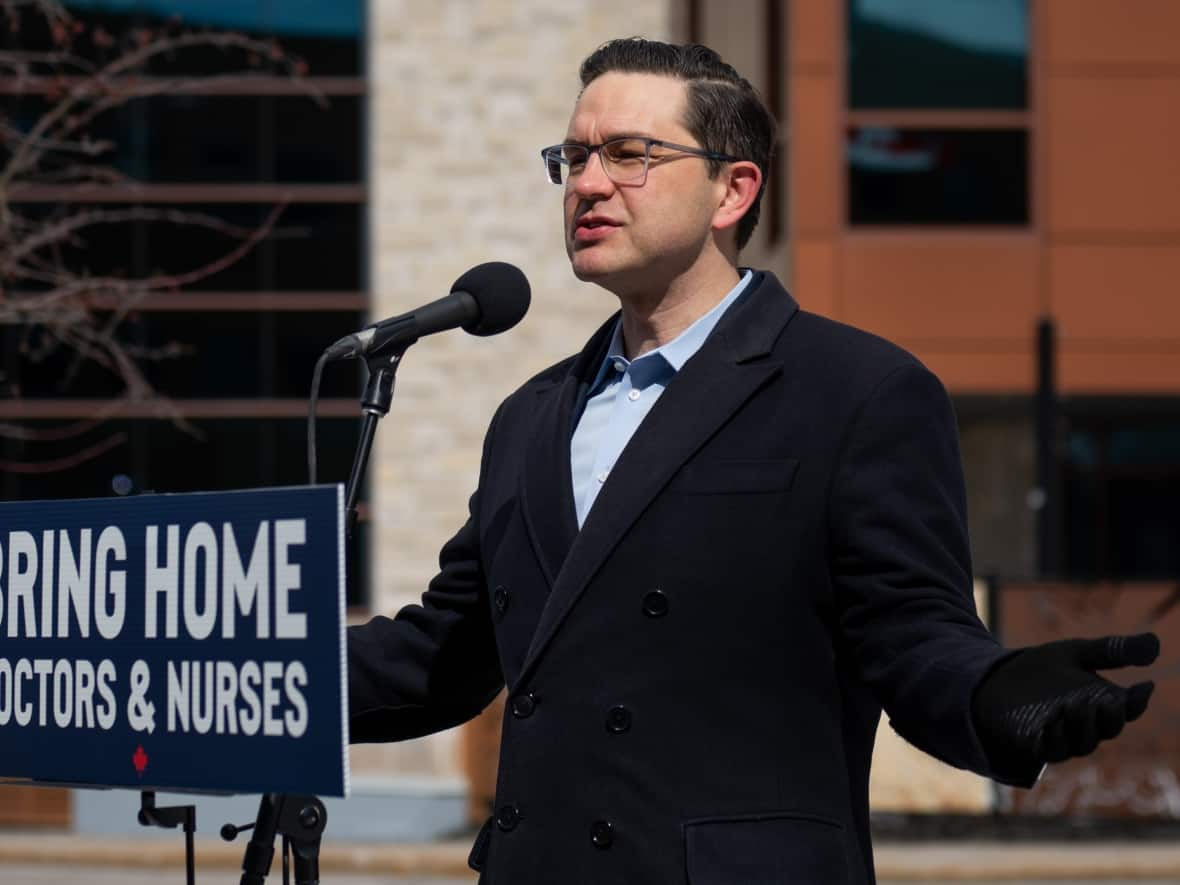 Conservative Party Leader Pierre Poilievre speaks during a press conference in Ottawa, on Sunday, March 19, 2023, calling for the development of a national standards system that would allow qualified doctors and nurses to work in any province or territory in the country. (Spencer Colby/The Canadian Press - image credit)