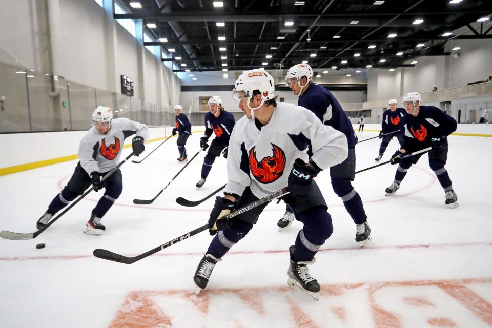 Coachella Valley FirebirdsÕ Jesper Froden (28) controls the puck as Andrew Poturalski (22), center, watches during practice at the Berger Foundation Community Iceplex in Palm Desert, Calif., on Wednesday, Nov. 16, 2022.