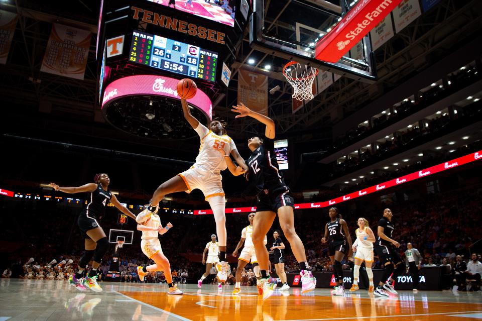 Tennessee forward Jillian Hollingshead (53) and South Carolina guard Brea Beal (12) reach for the rebound during a NCAA college basketball game between the Tennessee Lady Vols and the South Carolina Gamecocks at Thompson-Boling Arena in Knoxville, Tenn. on Thursday, February 23, 2023. 