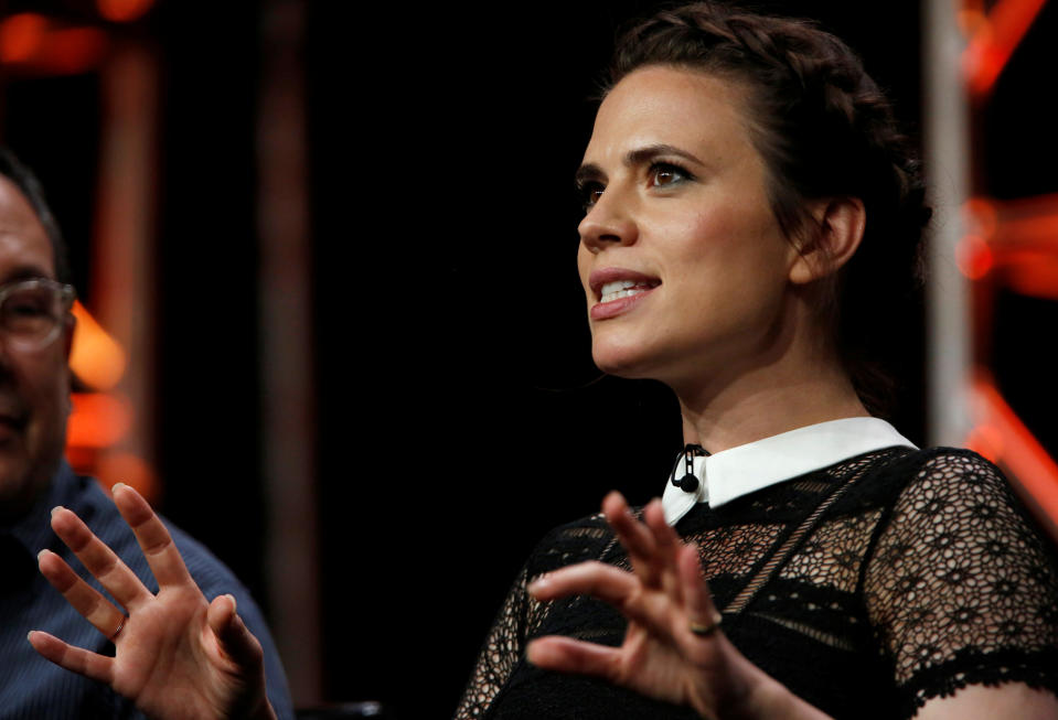 Cast member Hayley Atwell speaks at a panel for the television series "Conviction" during the TCA Disney ABC Summer Press Tour in Beverly Hills, California U.S., August 4, 2016.   REUTERS/Mario Anzuoni