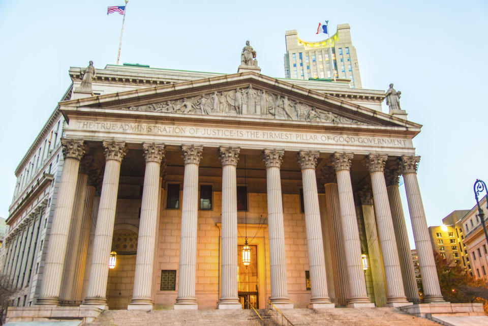 Front of a courthouse building.