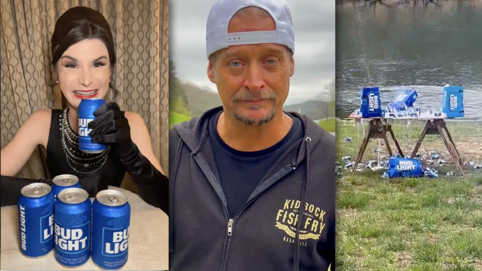 Side-by-side images of Mulvaney, Kid Rock and bullet-riddled Bud Light cans.