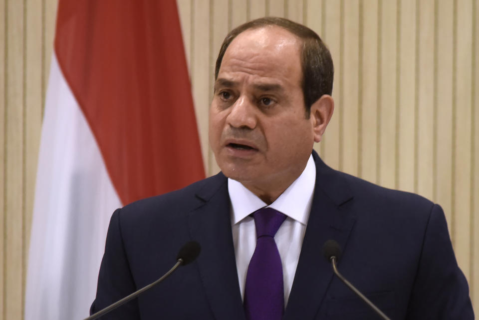 Egypt's President Abdel-Fattah el-Sissi talks during a press conference with Cyprus President Nicos Anastasiades and Greece's Prime minister Kyriakos Mitsotakis after their meeting at the presidential palace in capital Nicosia, Cyprus, on Wednesday, Oct. 21, 2020. The leaders of Cyprus, Egypt and Greece meet in the Cypriot capital for talks on forging closer ties and boosting cooperation on issues including energy following the discovery of gas deposits in the east Mediterranean. (Iakovos Hatzistavrou Pool via AP)