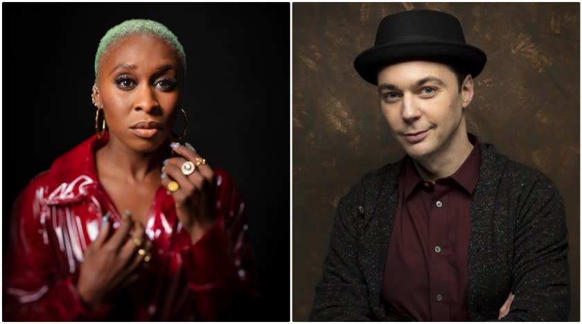 Cynthia Erivo and Jim Parsons take part in the online show "Broadway Backwards" (Jay L. Clendenin / Los Angeles Times)