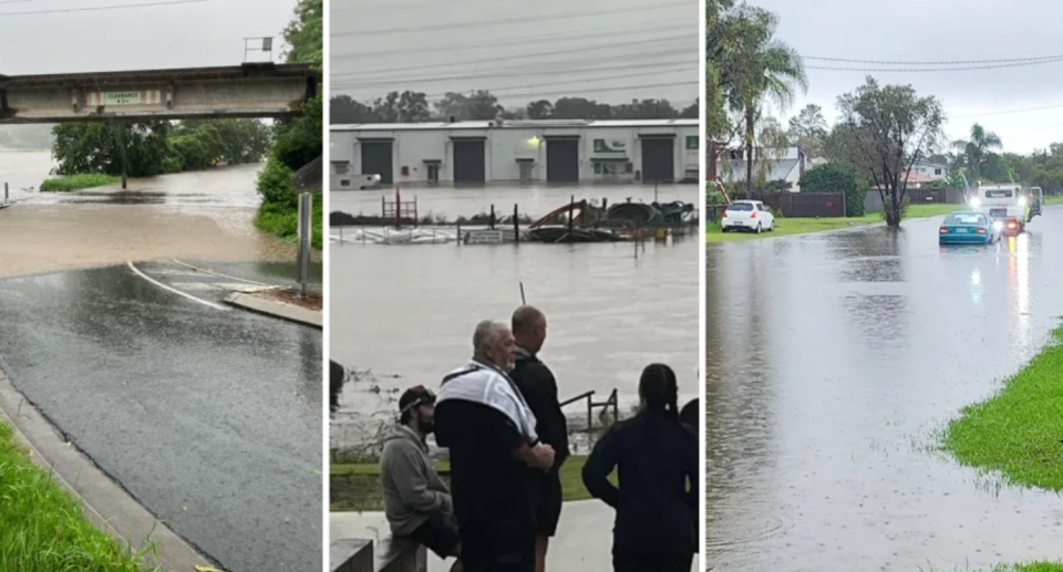 Left, the Queensland floods have obstructed roads with cars submerged in many central and southeast regions of the state (left and right). Middle, residents stand on high ground looking at areas flooded. 