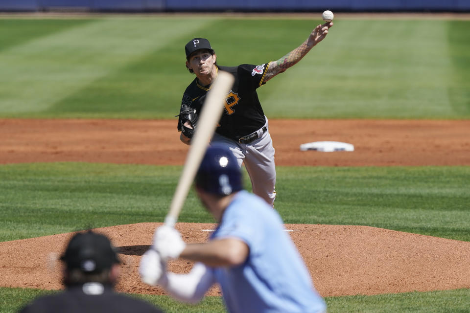 Pittsburgh Pirates pitcher Steven Brault delivers in the first inning during a spring training baseball game against the Tampa Bay Rays on Wednesday, March 3, 2021, in Port Charlotte, Fla. (AP Photo/Brynn Anderson)