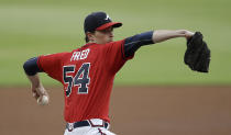 Atlanta Braves pitcher Max Fried works against the St. Louis Cardinals in the first inning of a baseball game Friday, June 18, 2021, in Atlanta. (AP Photo/Ben Margot)