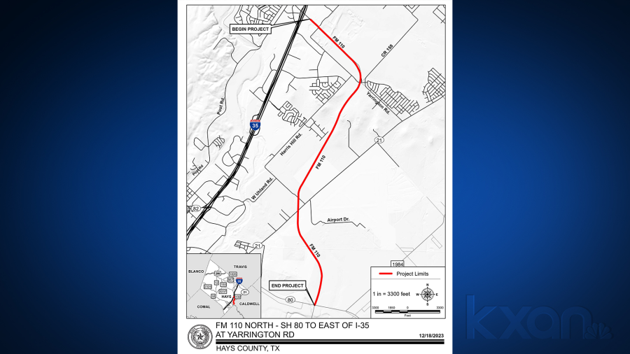 FM 110, part of the East San Marcos Loop, begins slightly east of Interstate 35 and north of San Marcos at Yarrington Road and ends at SH 80 (Photo Courtesy Hays County Government Twitter Account).