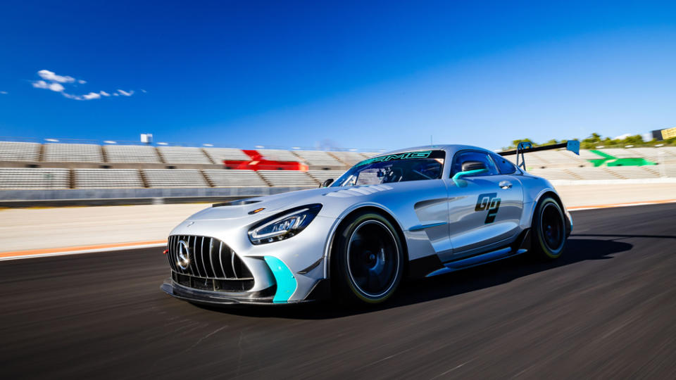 Driving the 2024 Mercedes-AMG GT2 race car on track.