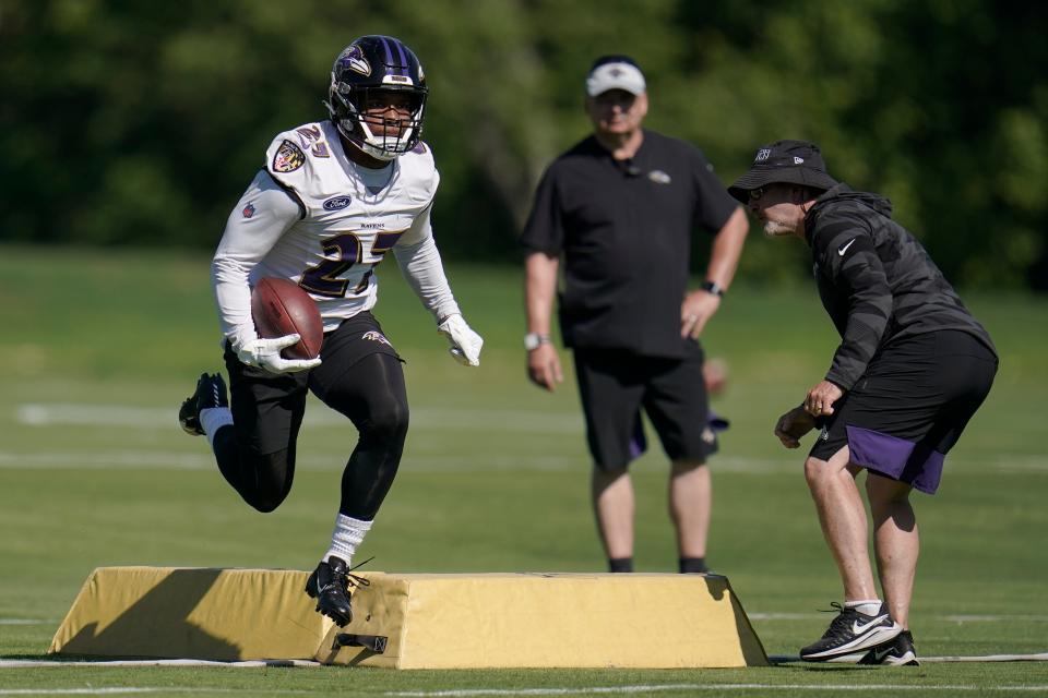 Baltimore Ravens running back J.K. Dobbins works out during the team's NFL football training, Tuesday, June 15, 2021, in Owings Mills, Md. (AP Photo/Julio Cortez)