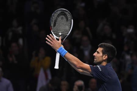 Britain Tennis - Barclays ATP World Tour Finals - O2 Arena, London - 19/11/16 Serbia's Novak Djokovic celebrates winning his semi final match against Japan's Kei Nishikori Reuters / Toby Melville Livepic