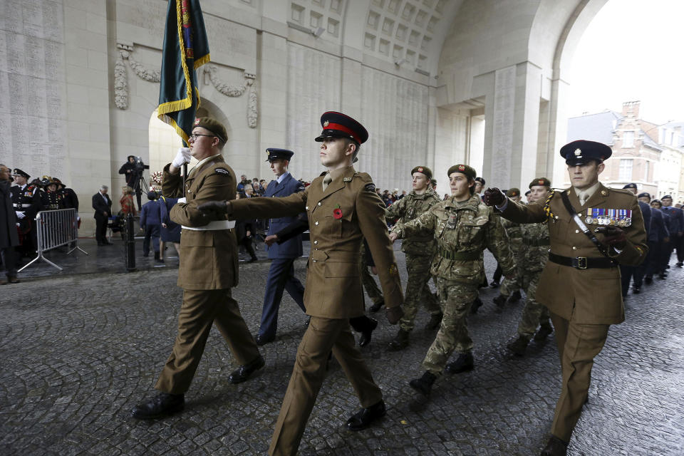 <p>The Last Post ceremony at the Commonwealth War Graves Commission Ypres Memorial at the Menenpoort in Ieper (Menin Gate, Ypres on the occasion of Armistice Day, Saturday, Nov. 11, 2017. (Photo: Nicolas Maeterlinck/Belga via ZUMA Press) </p>