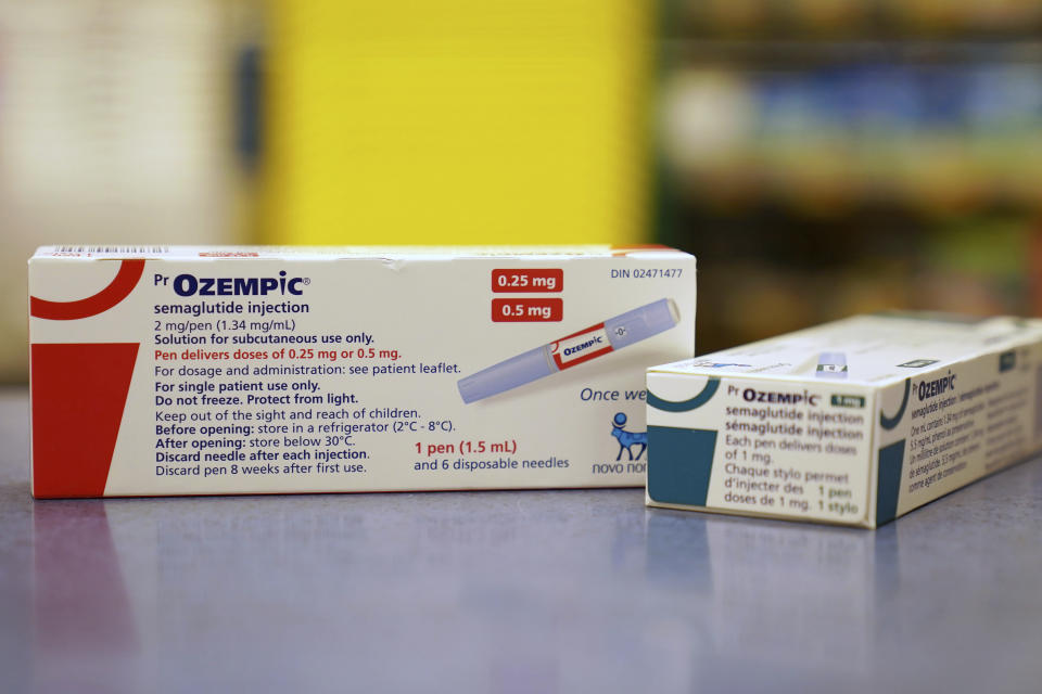 FILE - Diabetes drug Ozempic is shown at a pharmacy in Toronto on April 19, 2023. Drug shortages are growing in the United States, and experts see no clear path to resolving them. The FDA has tracked a shortage of the diabetes treatment Ozempic, which doctors also prescribe for weight loss, something celebrities and others on social media have touted. (Joe O'Connal/The Canadian Press via AP, File)