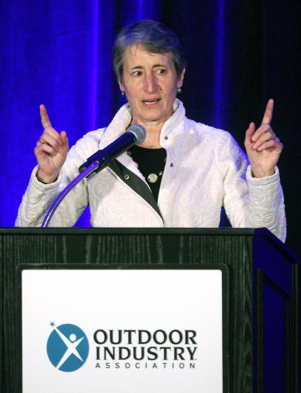 Secretary of the Interior Sally Jewell speaks to members of the Outdoor Industry Association at a trade show for outdoor gear makers Wednesday, Jan. 22, 2014, in Salt Lake City. Jewell made a pitch Wednesday for a privately funded youth conservation corps and sought donations for the effort from executives at an outdoor-gear trade show. (AP Photo/Rick Bowmer)