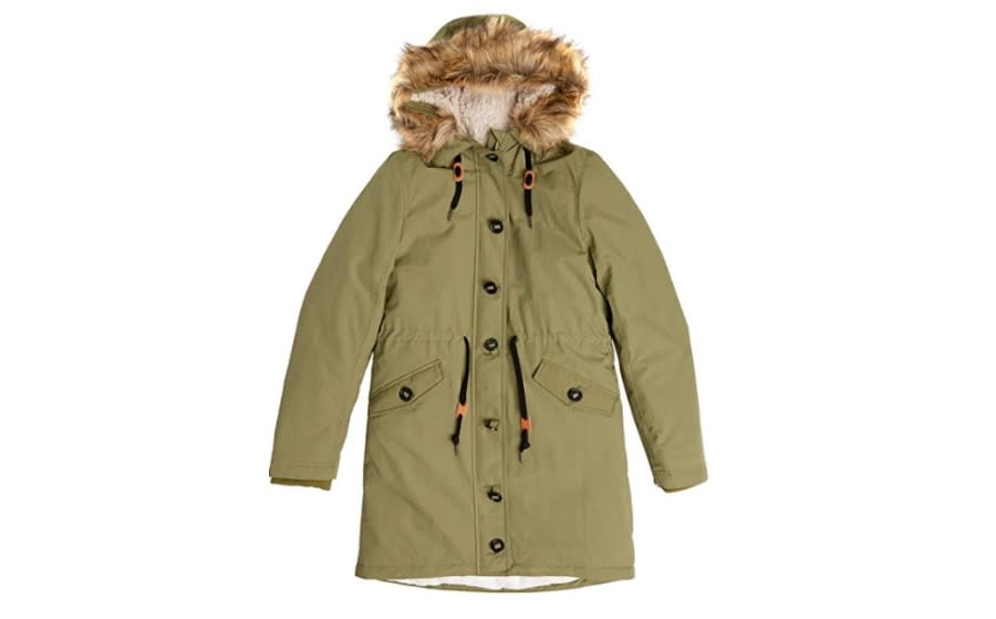 Amazon Essentials Womens Water-Resistant Long-Sleeve Parka with Faux Fur Trimmed Hood Faux-Fur Coat in olive. (Image via Amazon)